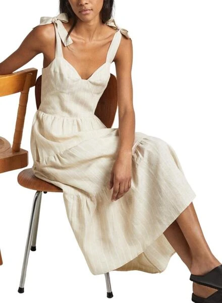Robe Pepe Jeans Emereal En Lin Crème Pour Femme 4 Robe Pepe Jeans Emereal En Lin Crème Pour Femme – Image 4